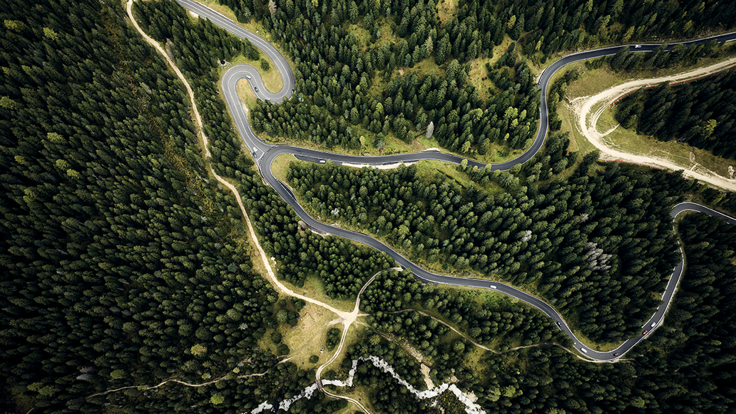Straßen durch einen Wald aus der Vogelperspektive
