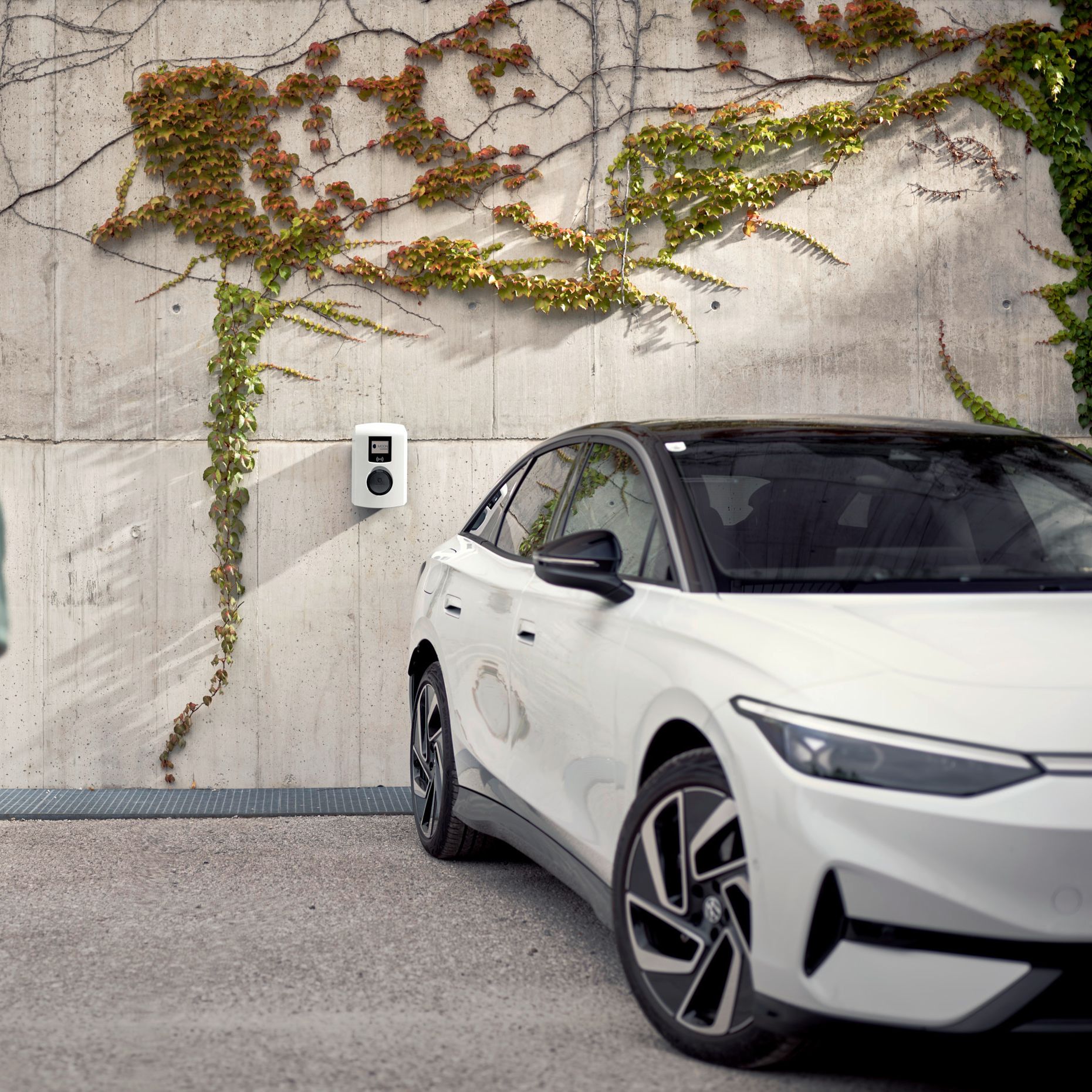 Wallbox an einer bewachsenen Wand hinter Frau und Auto